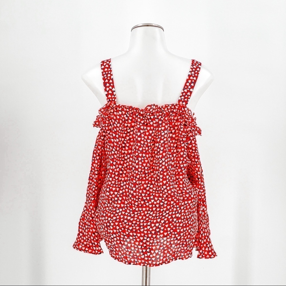 J Crew Red Off Shoulder Bell Sleeve Heart Print Silk Blouse - Picture 5 of 8